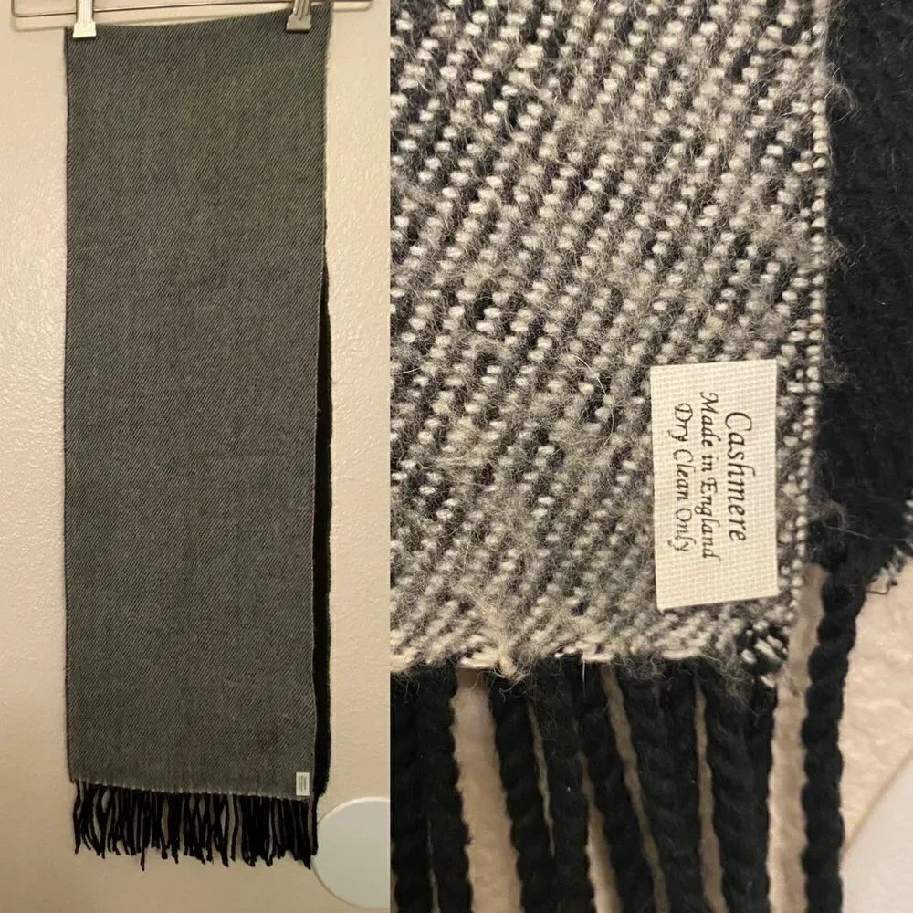 Gray black 100% cashmere made in England fringe scarf 10x66 men’s women’s